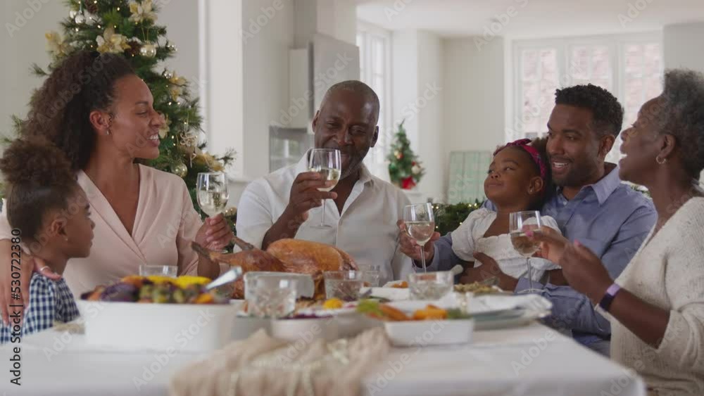 Multi-generation family celebrating Christmas at home making a toast before eating meal together - shot in slow motion Multi-generation family celebrating Christmas at home making a toast before eating meal together - shot in slow motion