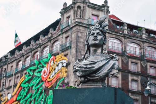 Cuauhtemoc statue in Zocalo in historic center of Mexico City, CDMX, Mexico. Cuauhtemoc is the last Aztec Emperor and ruler of Tenochtitlan from 1520 to 1521.