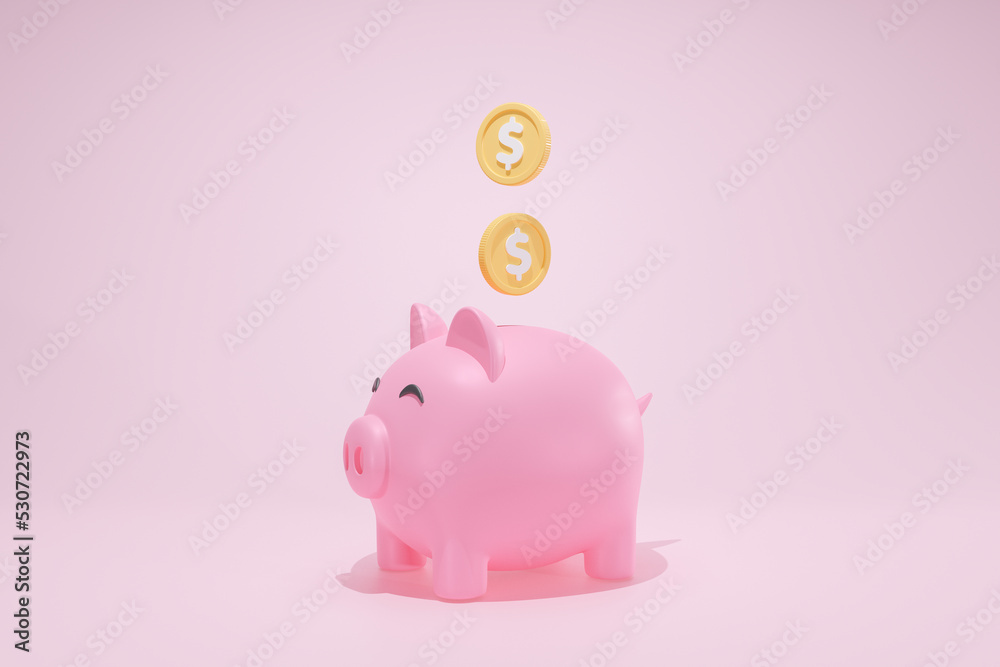 3D Rendering Concept piggy bank symbols icon drop a coin in savings piggy bank. isolated theme pink front