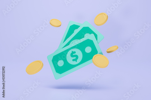 3D Rendering Concept coin. Symbols icon banknote three and coins bouncing. isolated on background purple perspective 