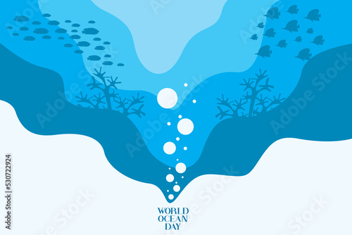 Happy world ocean day. Underwater life. Vector illustration of underwater life