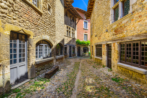 Small alley at Perouges village in France during a sunny day