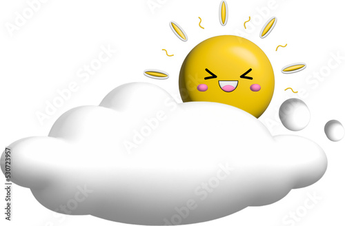 Cloud cartoon art with bright smiling sun. on a 3D transparent background