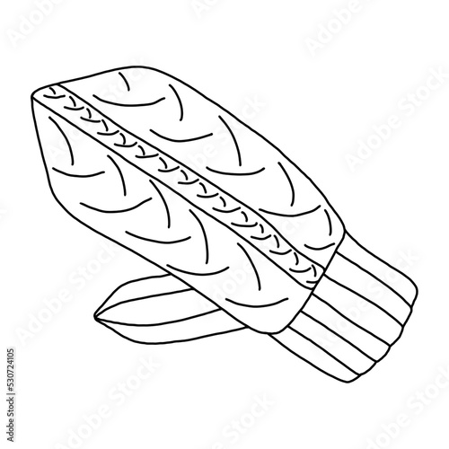 Knitted Mittens. Contour drawing with black line, isolated on white. Winter warm accessory, hand-drawn.