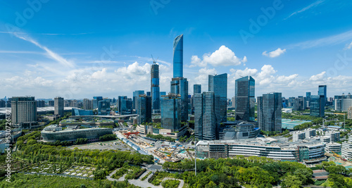 Aerial view of city skyline and modern building in Suzhou, China.