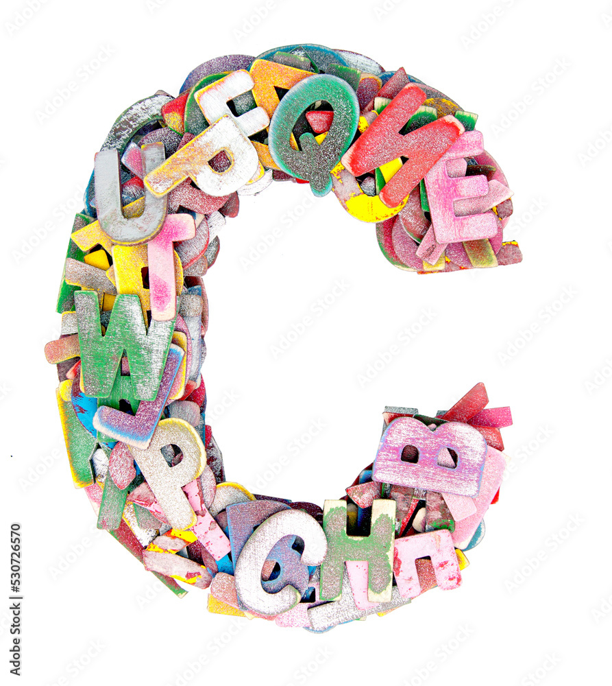 The letter C made up of lots of painted small wooden letters