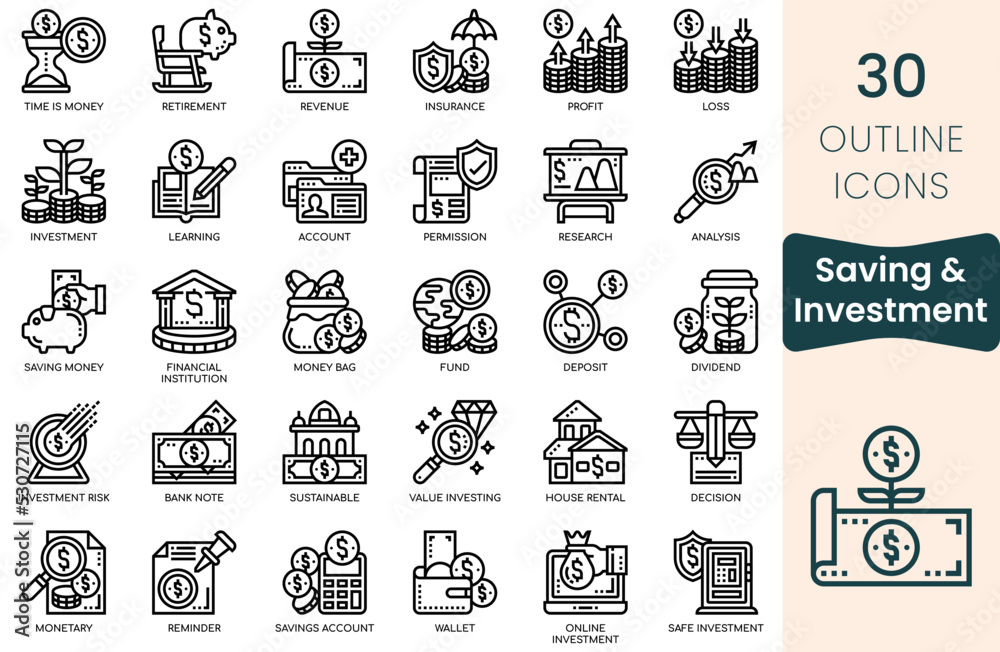 Saving and Investment icon set. Thin outline icons pack. Vector illustration