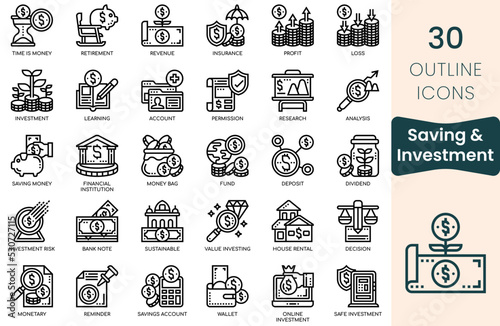 Saving and Investment icon set. Thin outline icons pack. Vector illustration