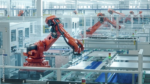 Canvastavla Orange Industrial Robot Arm at Production Line at Modern Bright Factory
