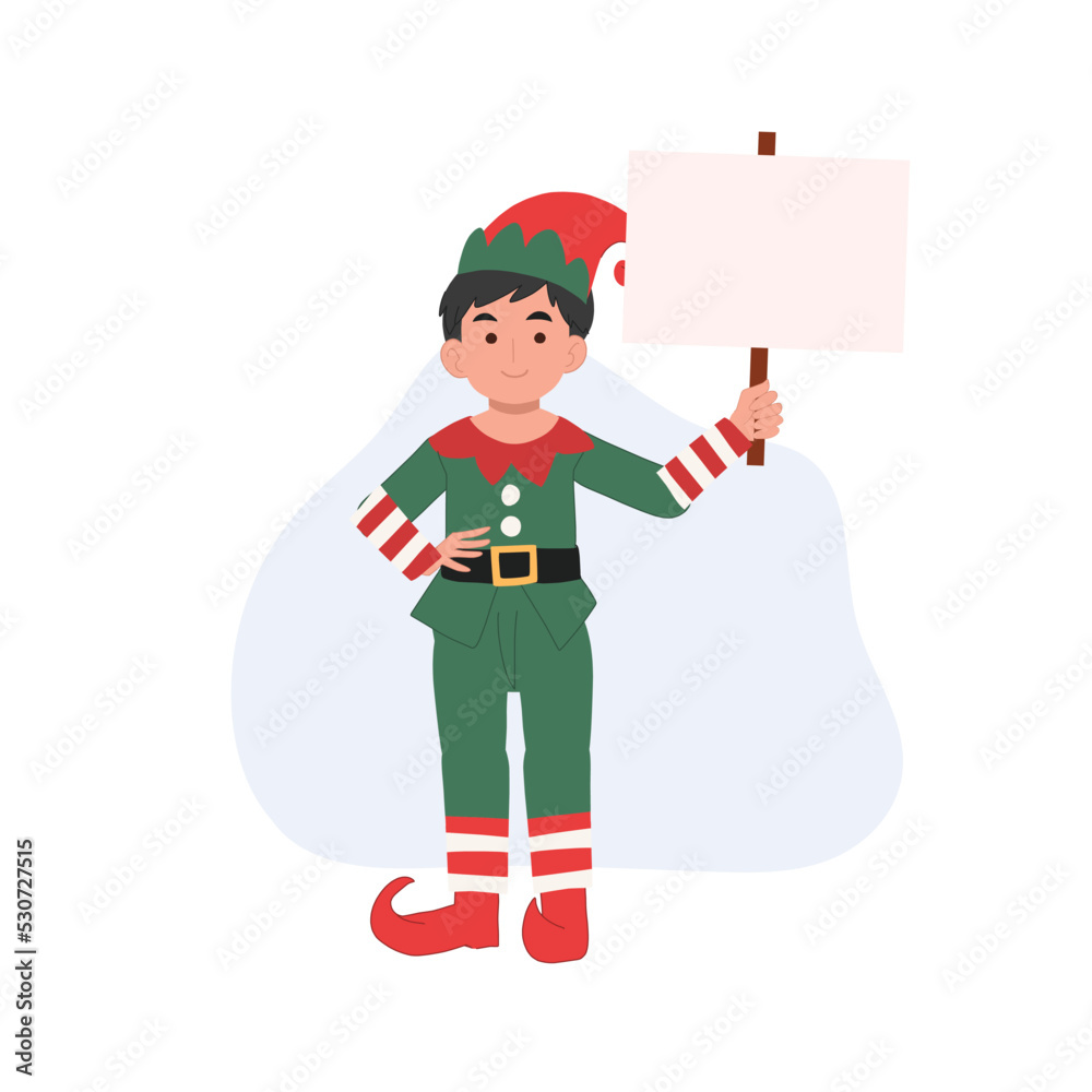young Christmas Elf boy with sign. vector illustration