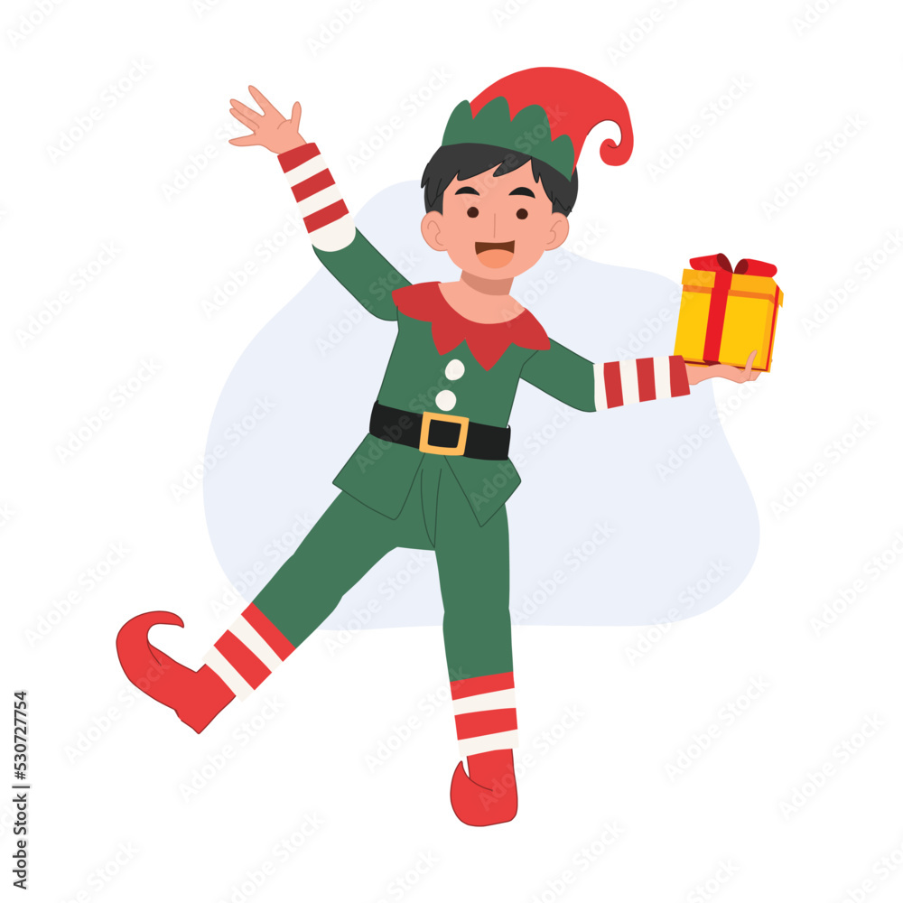 Cute young christmas elf boy with present box. vector illustration Cute young christmas elf boy with present box. vector illustration