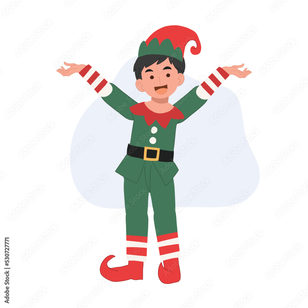 Young christmas elf kid is showing something. Vector illustration