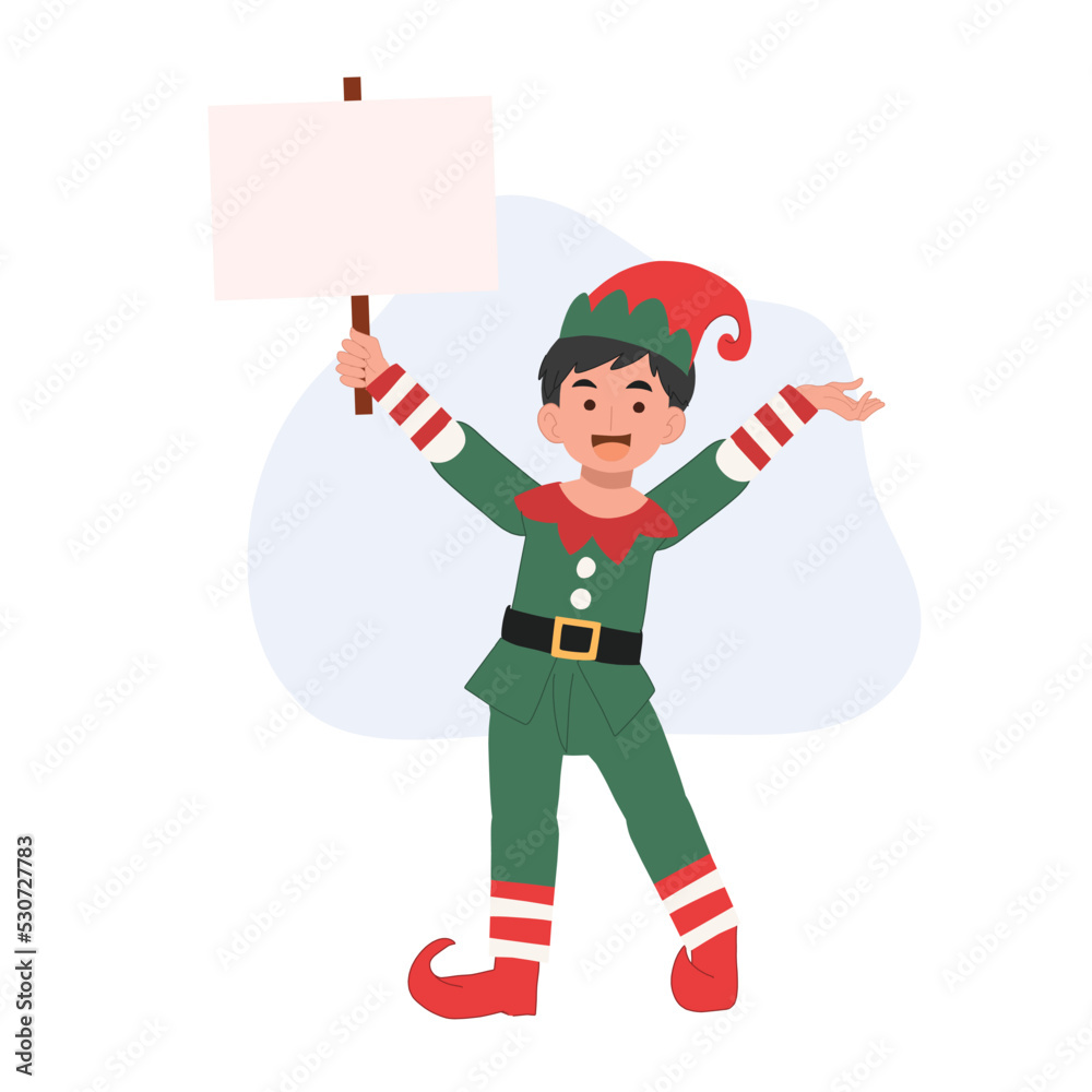 Young christmas elf kid is showing signboard. Vector illustration