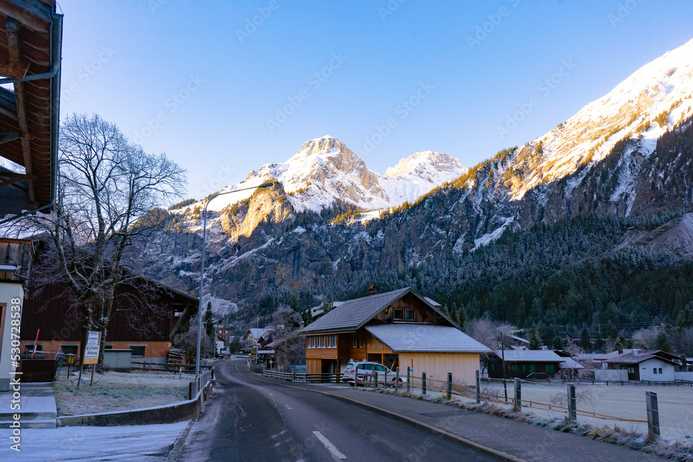 Kandersteg , resort town , village  in the Bernese Oberland  near Lake Oeschinen and Blausee during autumn , winter morning : Kandersteg , Switzerland : December 4 , 2019