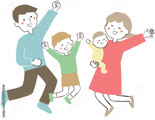 ジャンプする4人家族　親子　喜び　うれしい