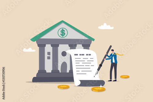 Obligation, debt or bank loan responsible to pay back with interest rate, legal money credit or borrowing document with signature concept, businessman signing signature on obligation banking document. photo