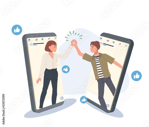 Friends greeting with high-five, hi gesture from mobile phone. Virtual meeting, messenger app concept. Online friendship. vector illustrations.