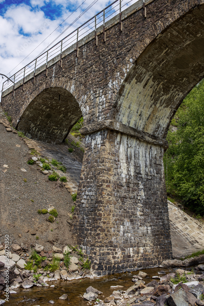 Old road bridge in knightly style. Beautiful summer landscape in Europe. Vertical photographs of architectural structures. 