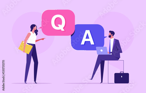 Man asking question in support chat. Customer finding answer and solutions. Concept of customer guide, useful information, faq, questions and answers. Vector illustration