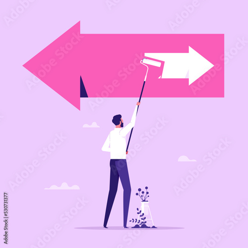 Change to opposite direction, hesitate business decision to change to better opportunity, conflict or reverse direction, career path concept, businessman paint opposite direction arrow on arrow sign