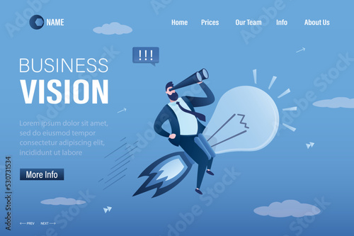 Businessman takes off quickly on light bulb. Business vision, landing page template. Search for new ideas for business development. Brainstorming,