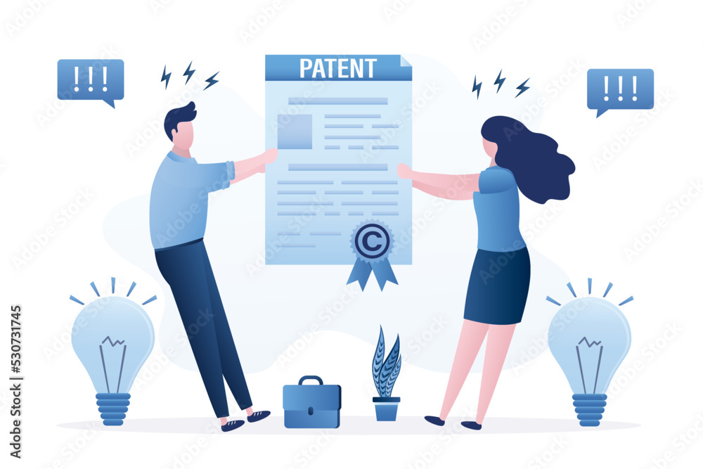 Copyright conflict, authors or business people pull patent document. Intellectual property dispute. Copyright protection, prohibition of copying and use of trademark license - obrazy, fototapety, plakaty 