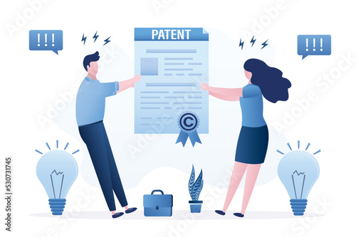 Copyright conflict, authors or business people pull patent document. Intellectual property dispute. Copyright protection, prohibition of copying and use of trademark license