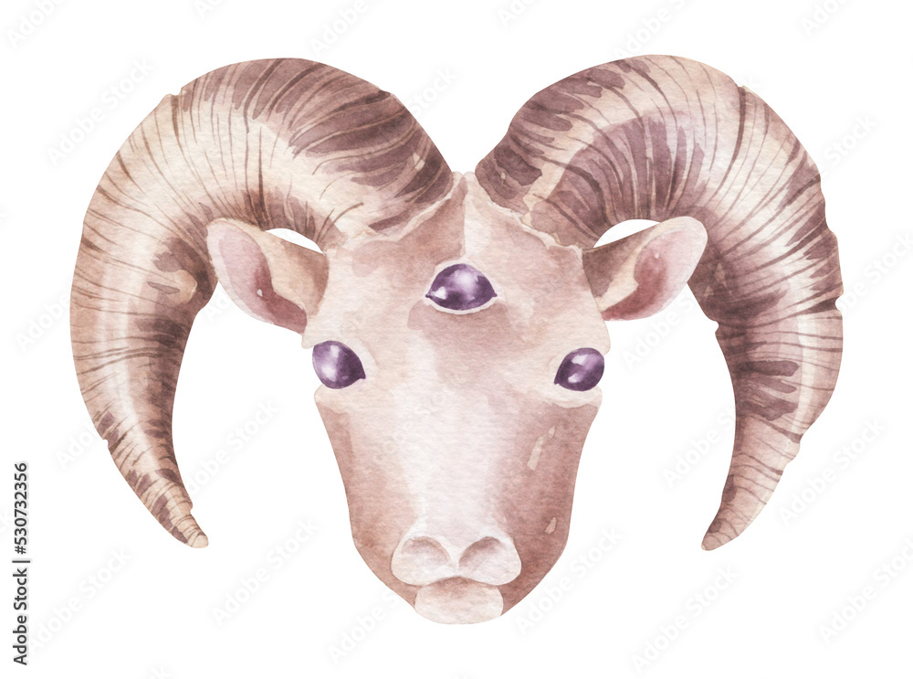 Watercolor ram's head with three eyes isolated. Halloween illustration.