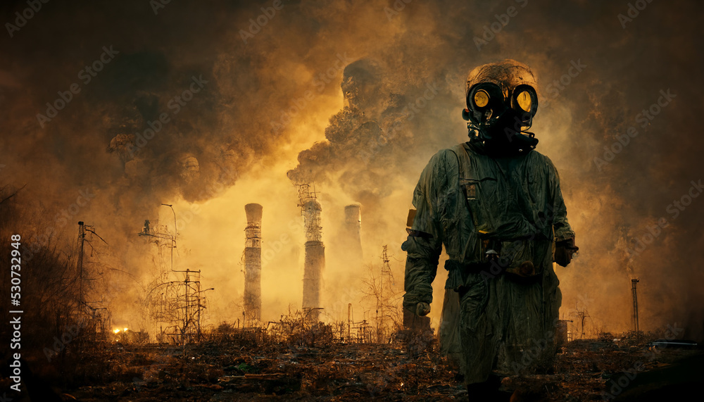 Post apocalyptic survivor in gas mask. Environmental disaster, armageddon concept.Digital art. Post apocalyptic survivor in gas mask. Environmental disaster, armageddon concept.Digital art.