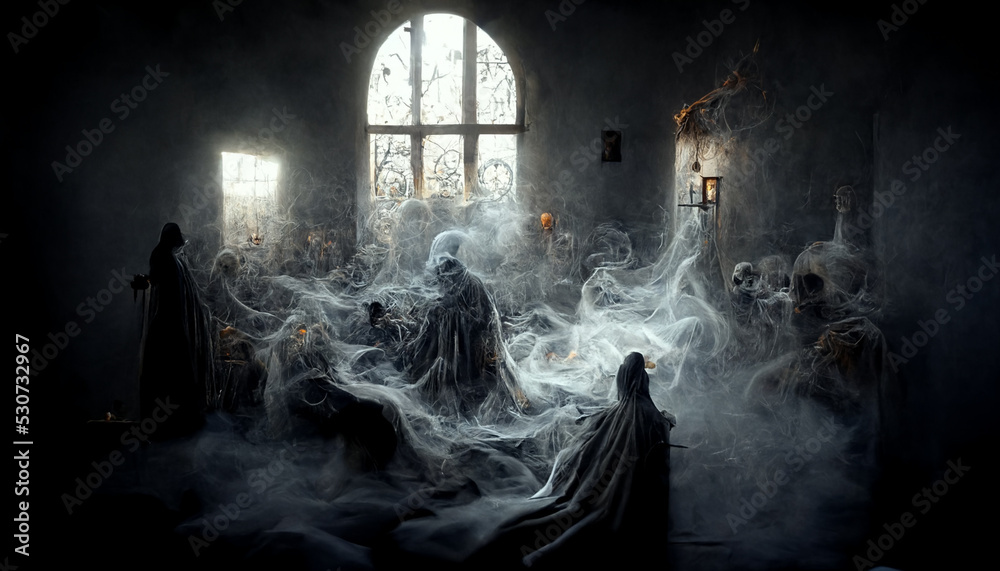 Abstract background of Scary ghosts in haunted church. Digital art