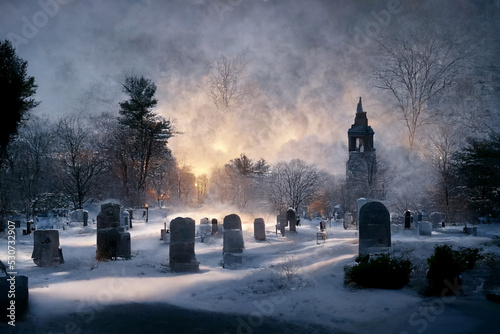 Cemetery covered by snow in winter. Dramatic sky background.