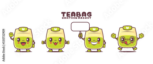 green tea bag cartoon mascot with different expressions