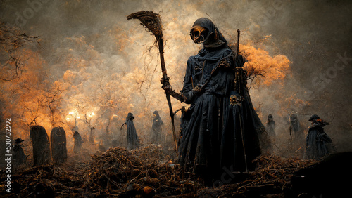 Grim reaper with haunted  creepy graveyard.Digital art