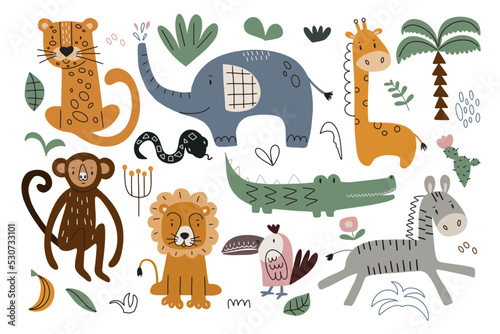 Set with cute jungle animals and plants. Vector illustration isolated on white background for your design