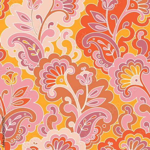 Modern folk psychedelic seamless pattern. Retro Asian ethnic ornament. Vintage Indian vector background. Hippie 70s styled groovy textile print. Floral motifs