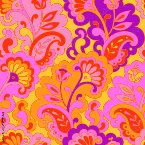 Modern folk psychedelic seamless pattern. Retro Asian ethnic ornament. Vintage Indian vector background. Hippie 70s styled groovy textile print. Floral motifs