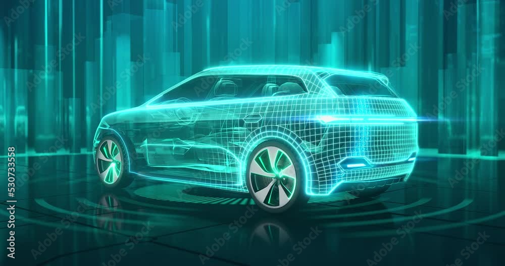 Wireframe car concept on the glossy surface and with futuristic city on the background. Modern SUV car in back side view. Professional 4K video with own designed generic non existing car model.