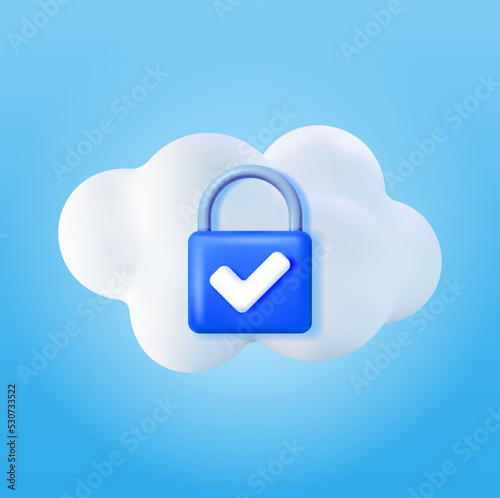 3d White Cloud with Locked Padlock. Render Cloud with Pad Lock Icon. Concept of Cloud Data Protection, Security and Confidentiality. Safety, Encryption and Privacy. Vector Illustration