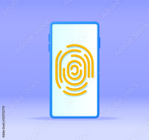 3D Fingerprint on Mobile Phone Isolated. Render Finger Print and Smartphone. Identification and Authorization System. Fingerprint for ID, Passport, Application, Biometric Scan. Vector Illustration