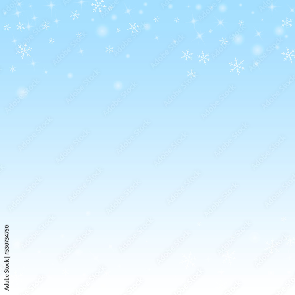 Christmas falling snow background. Subtle flying snow flakes and stars. Festive winter silver snowflake overlay template. Vector illustration