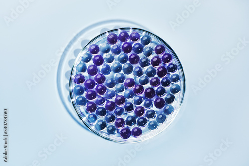 Sample of gel bubbles in petri dish on blue background, hard shadows. Abstract science, medicine and beauty concept photo