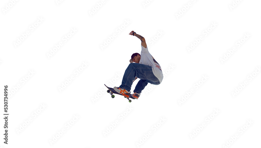 Skateboarder doing a trick isolated on white background