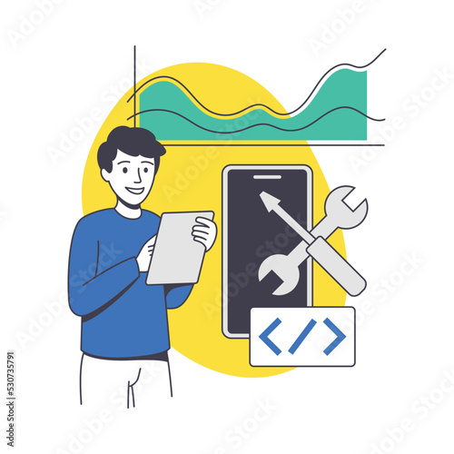 Man App Dev Professional Developing Software Application for Mobile Device Vector Illustration