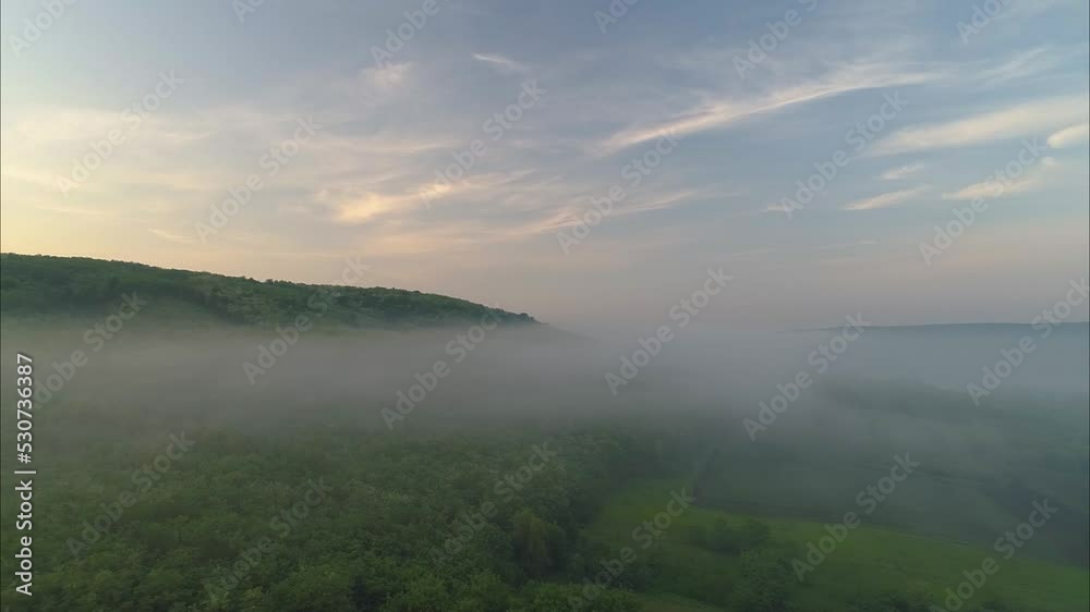 aerial view of fog above a forest during summer sunrise aerial view of fog above a forest during summer sunrise
