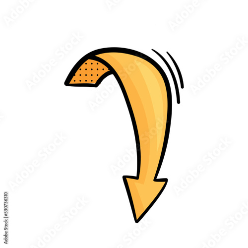 Curved Yellow Arrow with Pointed End and Dots Doodle Style Vector Element