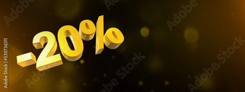 20% off discount offer. 3D illustration isolated on black. Horizontal banner