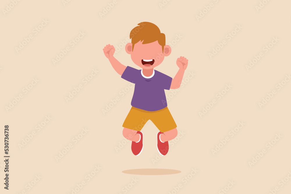 Happy little boy jump and fly. Cheer up pose concept. Flat vector illustrations isolated. 
