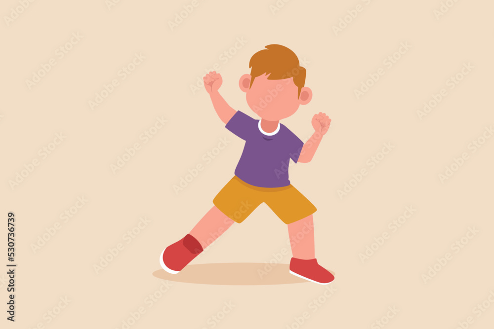 Happy little boy shows win fist up expression gesture. Cheer up pose concept. Flat vector illustrations isolated. 