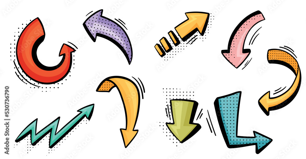 Fototapeta premium Arrow and Lightning Flash with Pointed End Doodle Style Element Vector Set