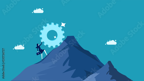 Persevere and strive for success. Businessman pushing gears up hill. vector illustration